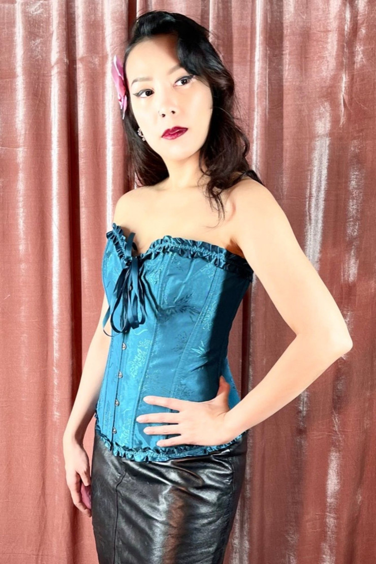 Teal Brocade Jacquard Bustier Corset Top worn, quarter side view