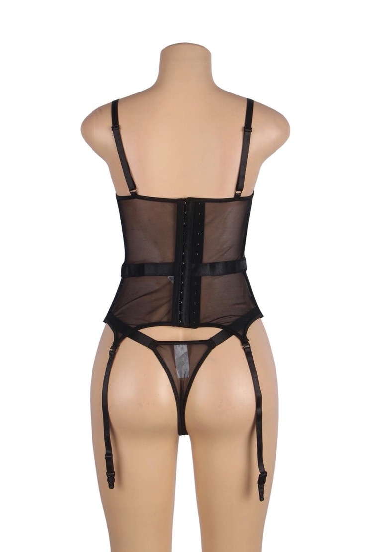 Minerva Black Sheer Embroidered Garter Cami Lingerie Set