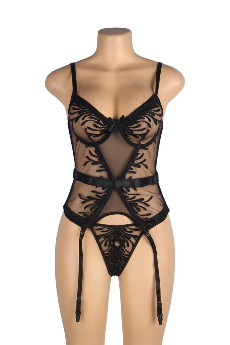Minerva Black Sheer Embroidered Garter Cami Lingerie Set