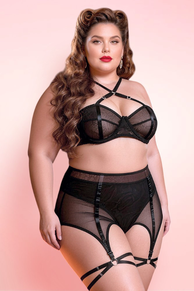 Black Mesh Bondage style Lingerie set on Plus size model.