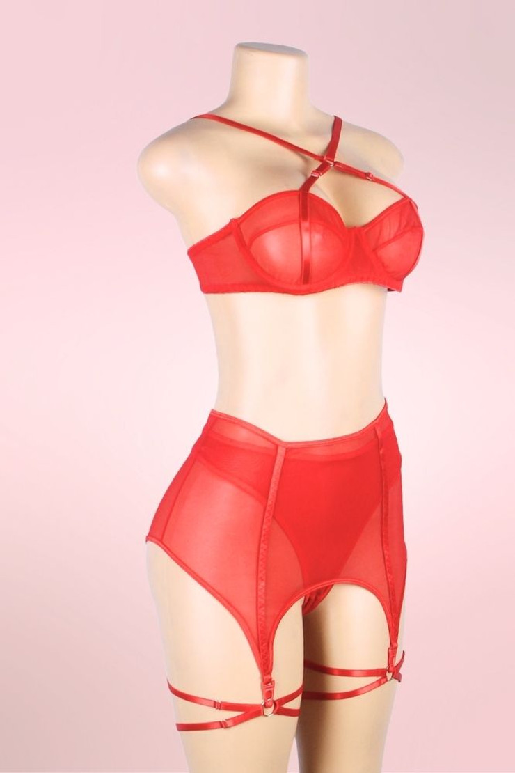 Pippa Red Mesh Bra Highwaist Garter Belt Panty Bondage plus size Lingerie Set actual product picture on a mannequin quarter side view 