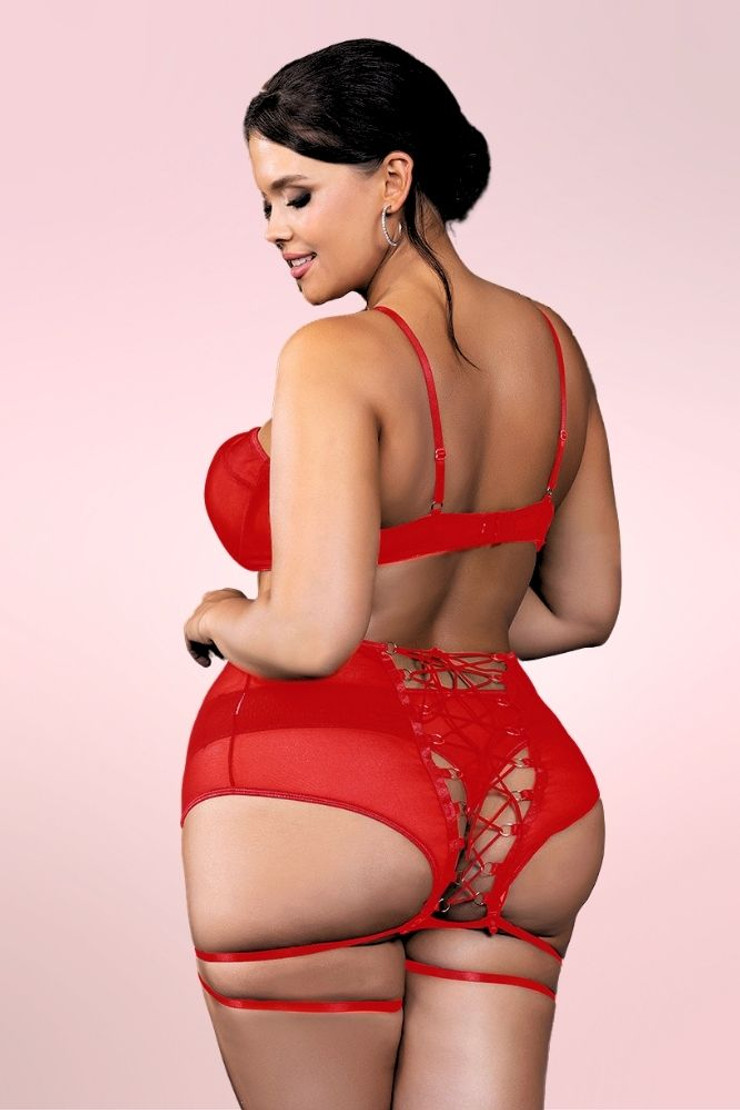Pippa Red Mesh Bra Highwaist Garter Belt Panty Bondage plus size Lingerie Set qmb 