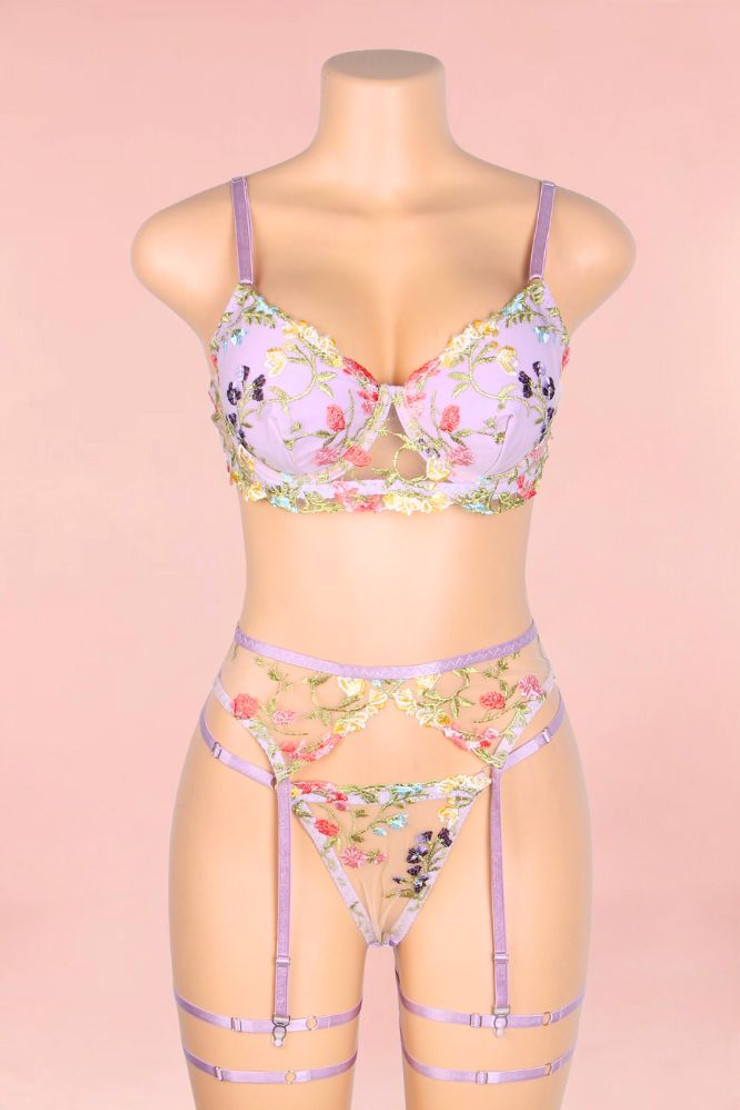 Indra Floral Embroidered Sheer Bra thigh Garter Belt Set