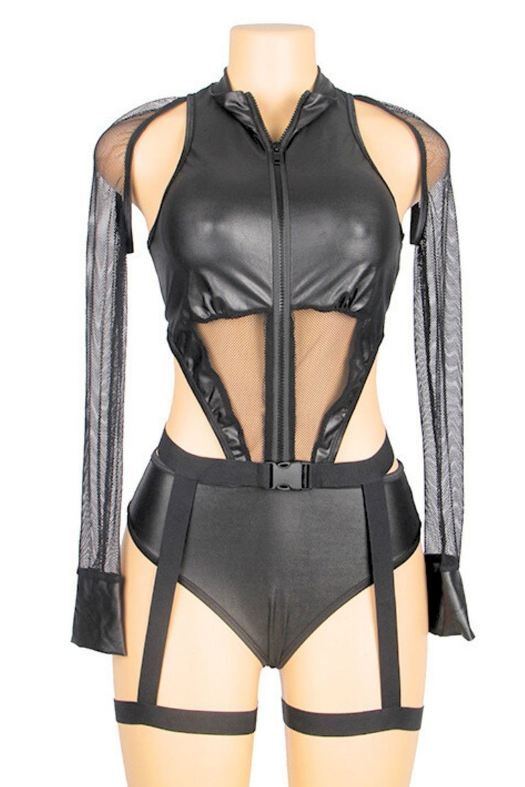 Cat Woman Plus Size Vinyl Cutout Garter Bodysuit Costume