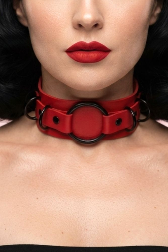 Red leather o ring choker necklace.