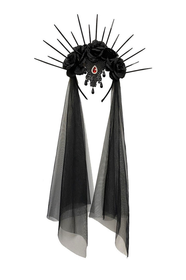 Gothic Bride Black Rose Bejewelled Veil Headband Cable Tie Crown