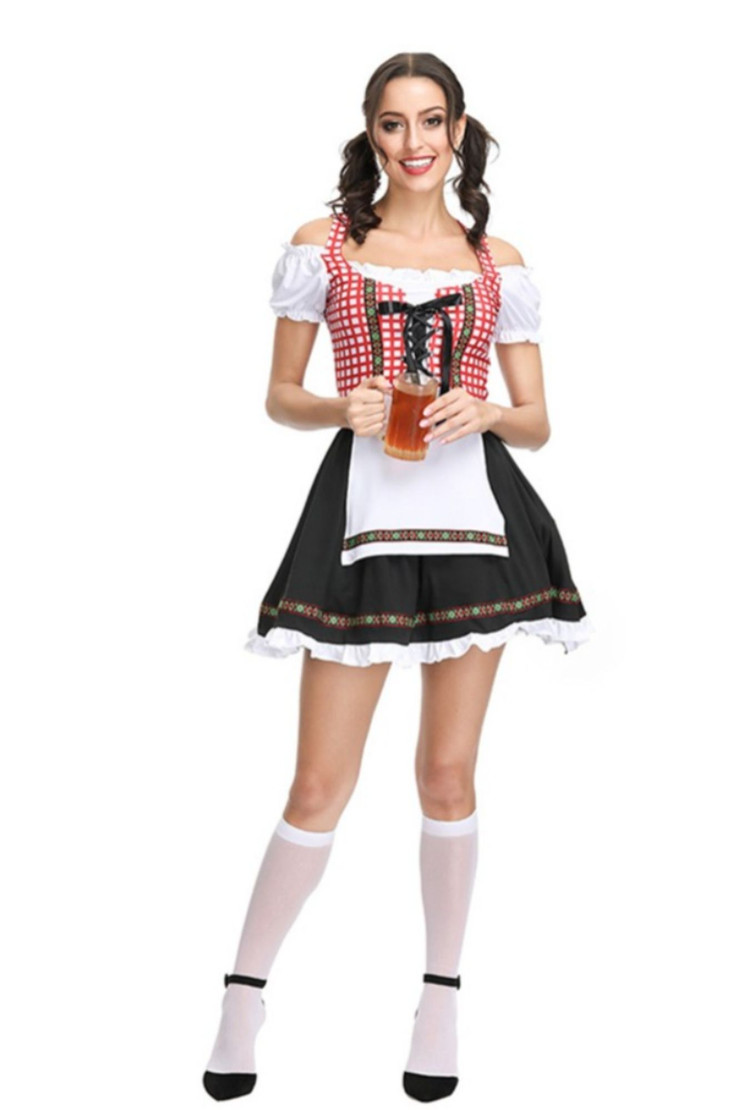 Red Plaid Gingham Beer Maid Peasant Dress Dirndl Costume