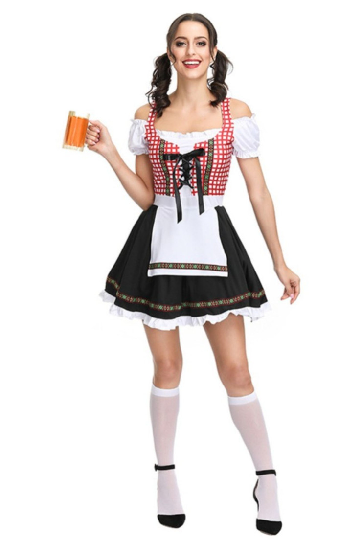 Red Plaid Gingham Beer Maid Peasant Dress Dirndl Costume