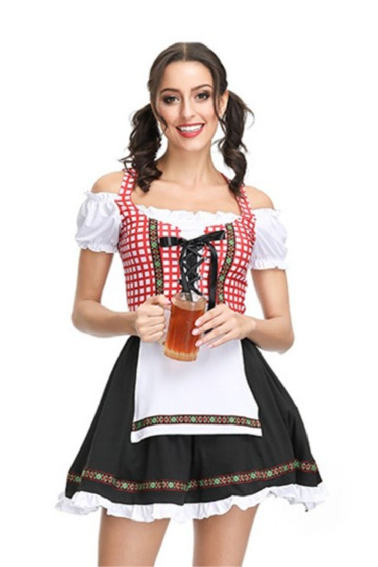 Red Plaid Gingham Beer Maid Peasant Dress Dirndl Costume