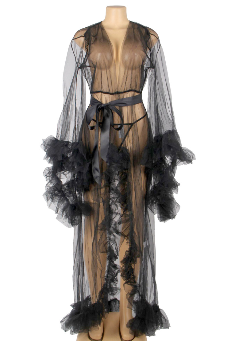 Luzianne Black Retro Glam Ruffled Tulle Long Dressing Gown
