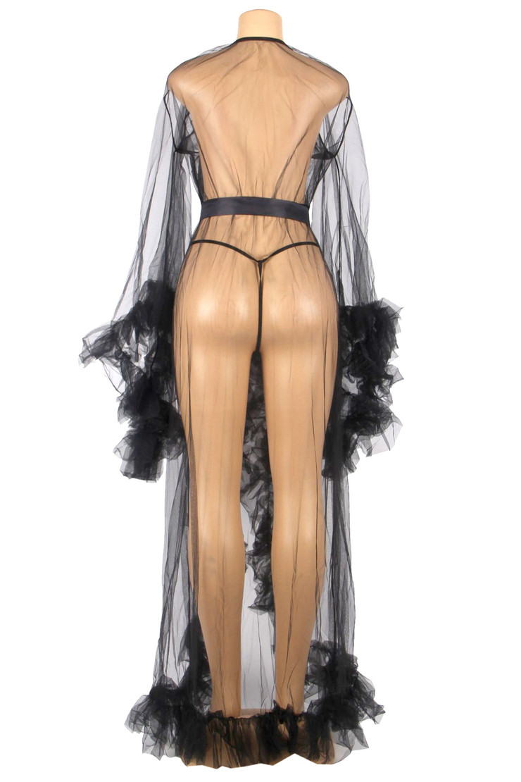 Luzianne Black Plus Size Retro Glam Ruffled Tulle Long Dressing Gown