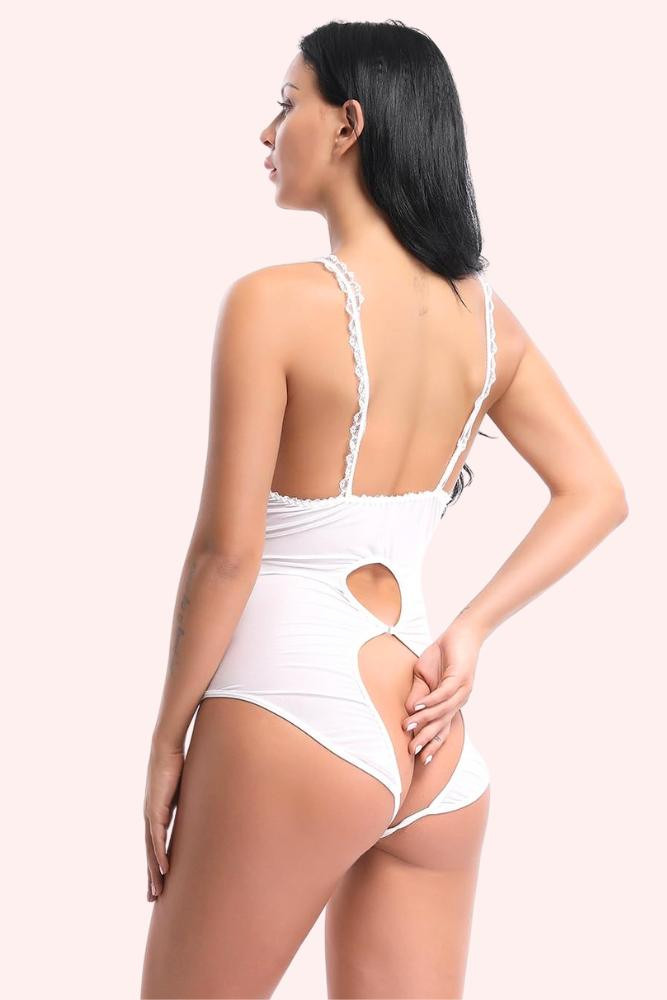 Ramona White Ruffle Lace Trimmed Open Cup Crotchless Teddy