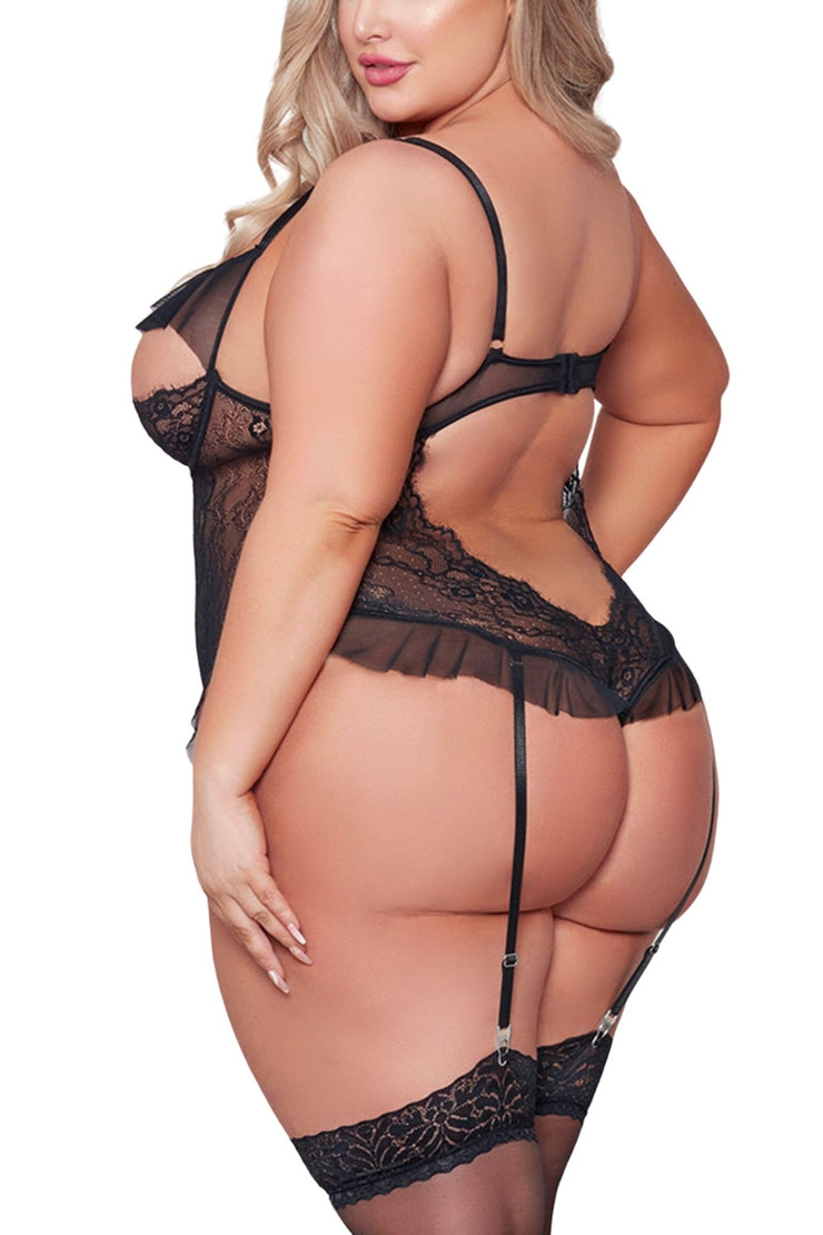Rowena Plus Size Black Open Cup Lace Mesh Garter Teddy