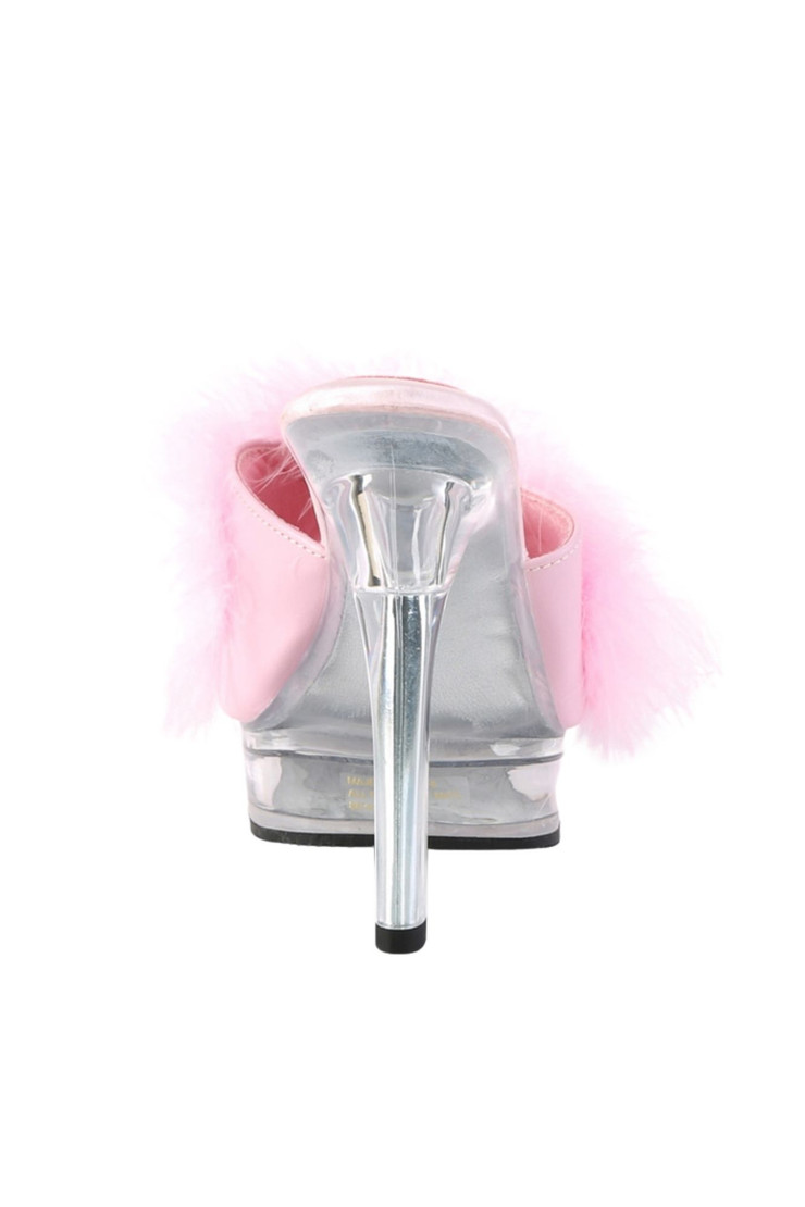 Pleaser USA Majesty 501 Baby Pink Marabou 5” Retro Clear Slip on Stiletto Mule High Heel Sandals