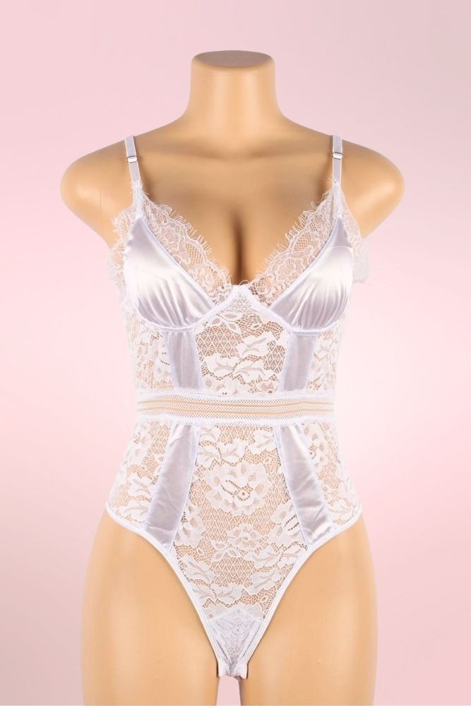 Teagan White Satin Lace Plus Size Bodysuit Teddy Lingerie  actual product picture on a mannequin front view 