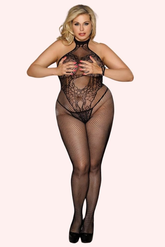 Pia Plus Size Black Halter Fishnet Full Body Stockings