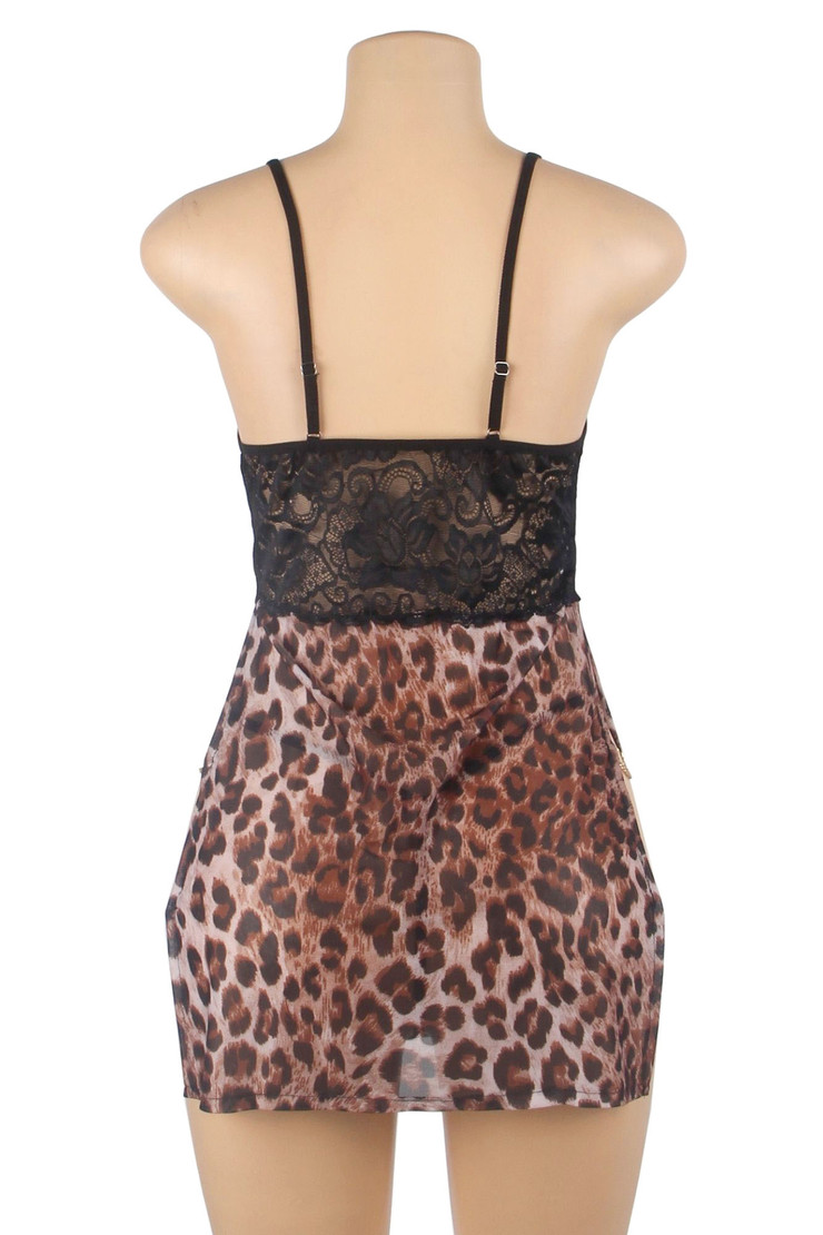 Kaliyah Plus Size Black Lace Leopard Side Slit Chemise