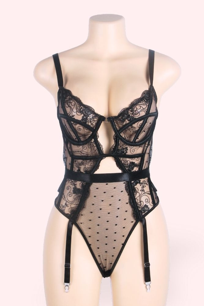 Denise Black Lace Garter Bodysuit Teddy
