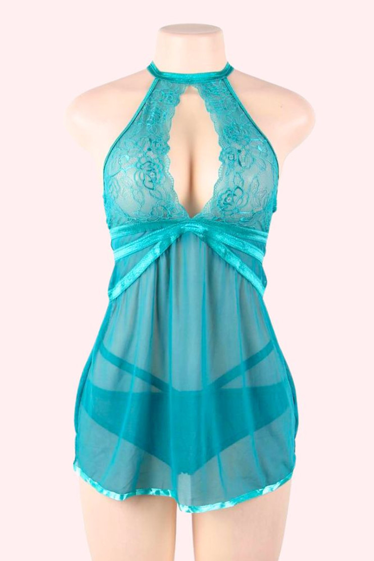 Linda Green Lace Halter Plus Size Babydoll