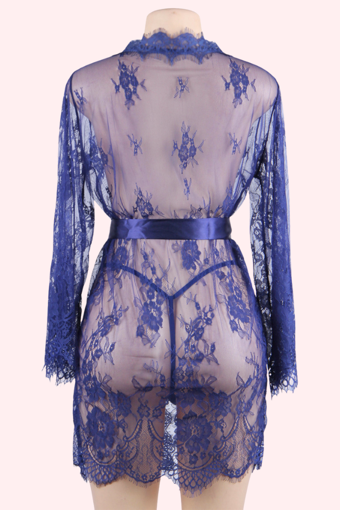 Debbie Navy Blue Eyelash Lace Kimono Robe