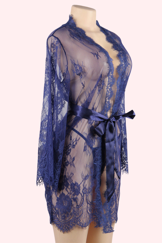 Debbie Navy Blue Eyelash Lace Kimono Robe