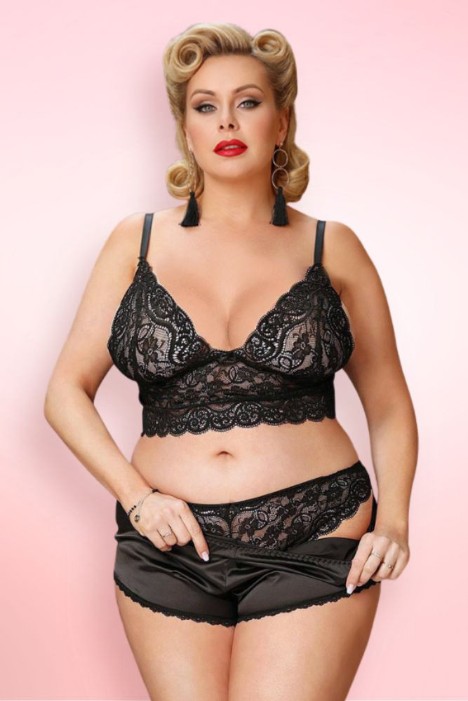 Black Lace Plus Size Camisole and Shorts Lingerie Set.