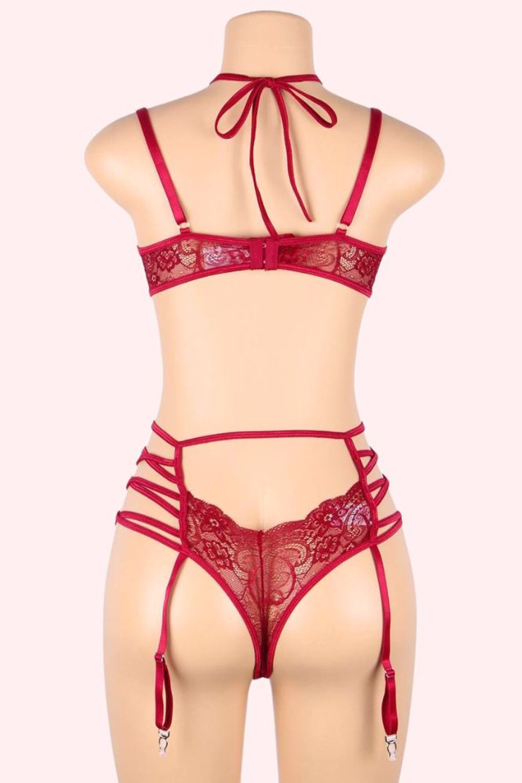 Callie Red Velvet Halter Bralette Garter Strappy Panty Plus Size Lingerie Set