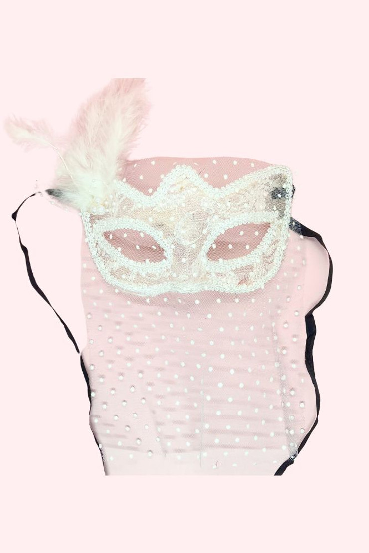 Retro Polkadot Venetian White Masquerade Mask with Veil laid flat