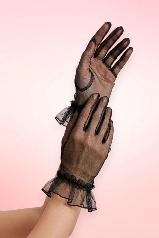 Black Short Tulle Sheer Gloves.
