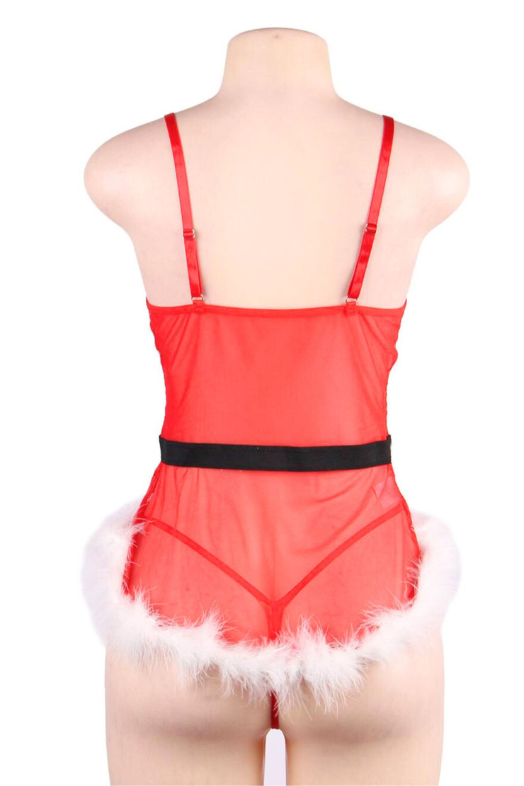 Santa Baby Red Lace Cami Corset with White Marabou Feather Trimmed Neckline and Hem actual product photo on a mannequin  back view