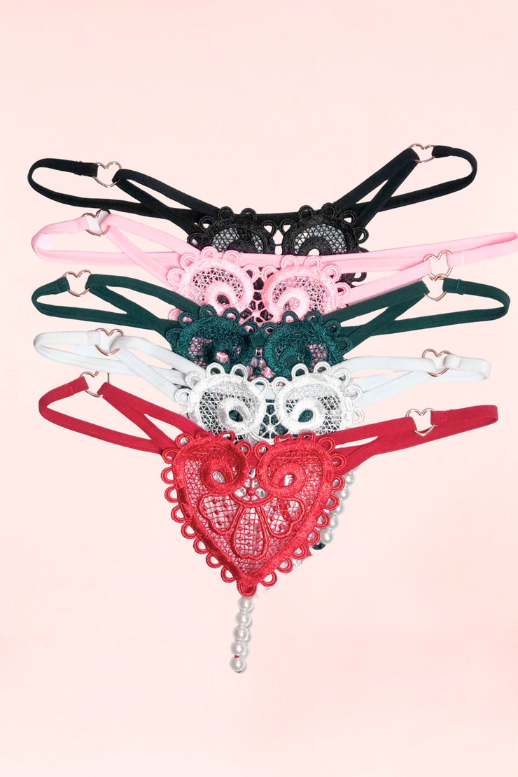 Pink  Embroidered Heart Pearl Crotchless Thong