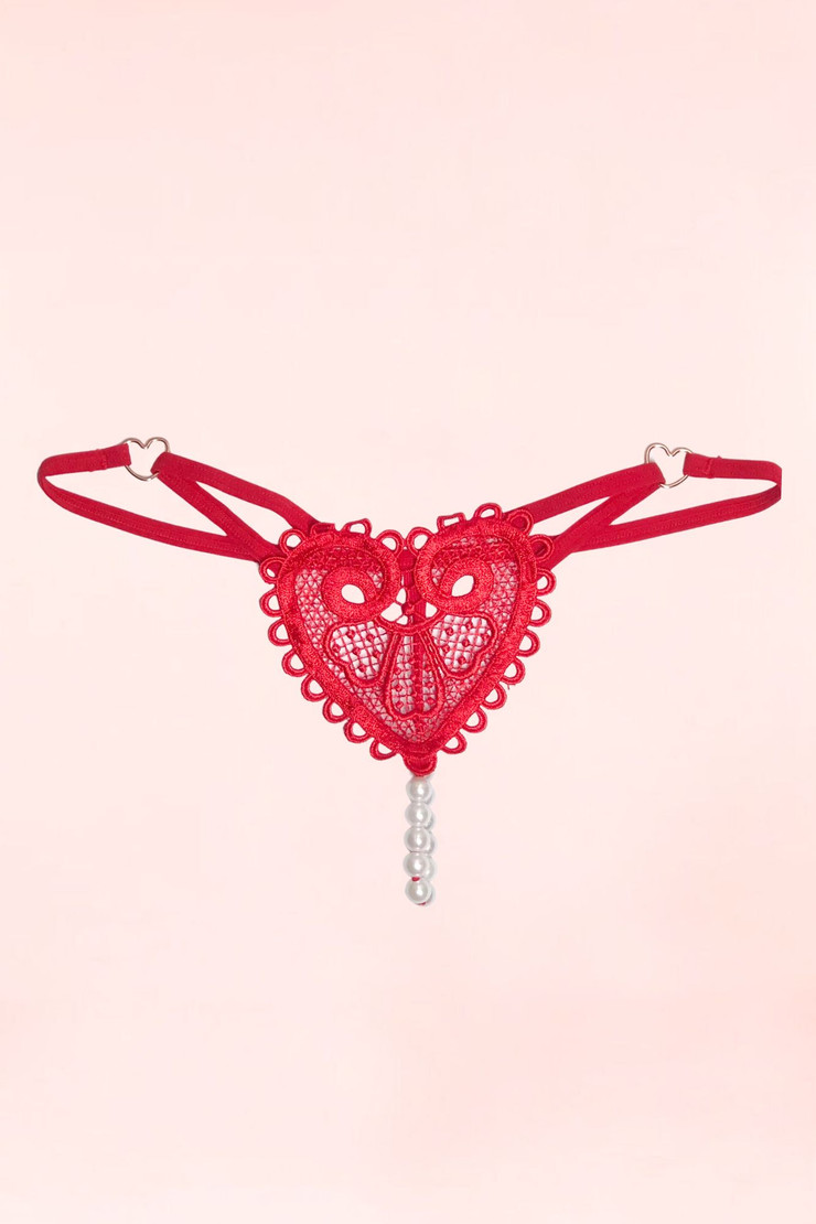 retro Heart Embroidered Red Lace Crotchless Pearl Thong.