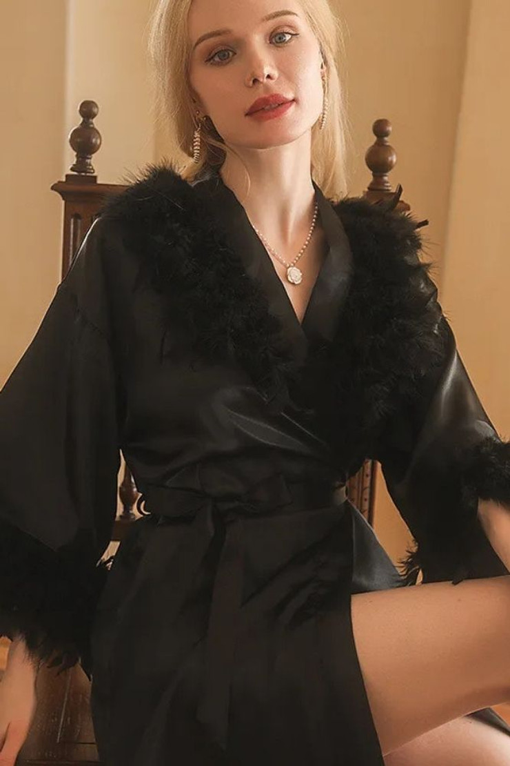 Lola Black Feather Satin Robe Kimono Lingerie