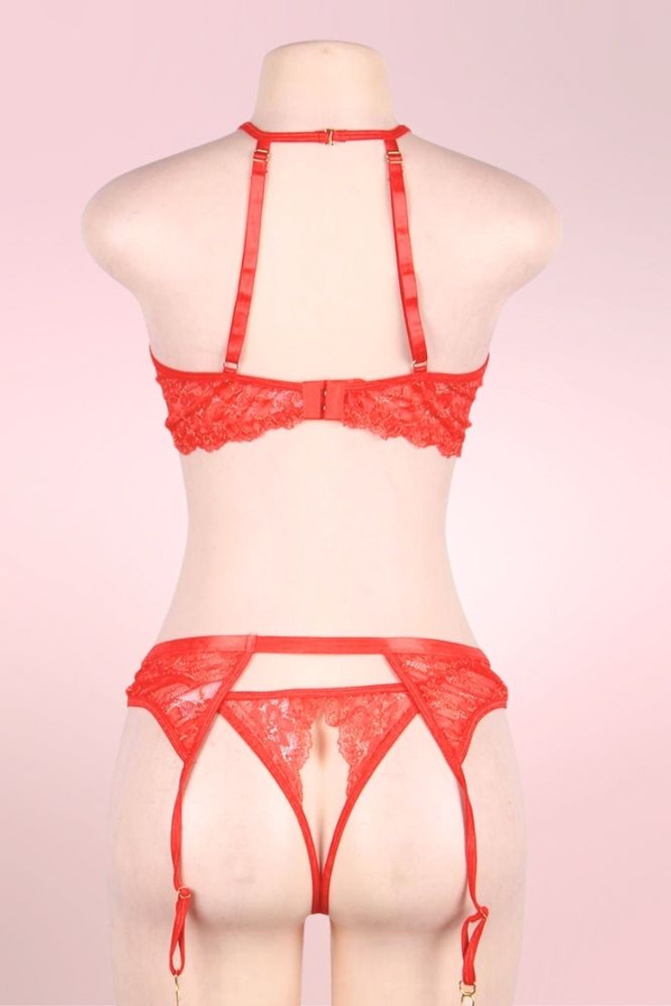 Lingerie Felicia Red Cupless Bra and Panty set with Garter Belt