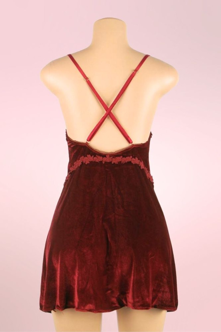 Plus size Vicky Maroon Velour Velvet Lingerie Sleepwear Nightdress with 2 front side slit trimmed with floral embroidery  actual product picture on a mannequin backview 