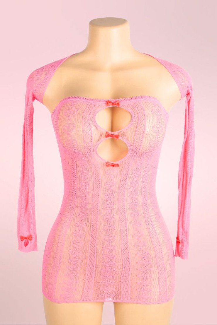 Pink bodystockings  Carmen in fishnet heart pattern tube dress with a matching separate cropped long sleeve bolero  actual product picture on a mannequin front view 