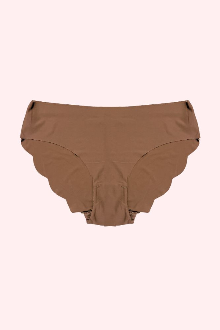 Brown Seamless panty Scallop Raw cut Edge  actual product picture on a laid flat front view 