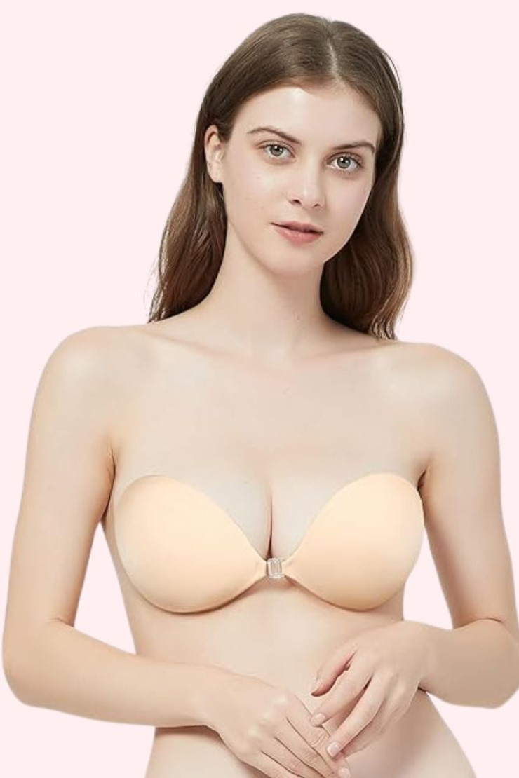 Lightweight Cotton Adhesive Bra in Beige  worn by a model front view 