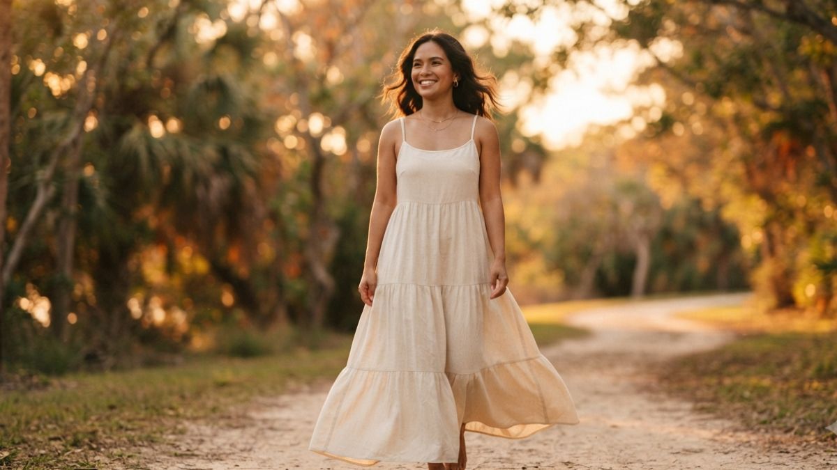 woman smiling walking alone