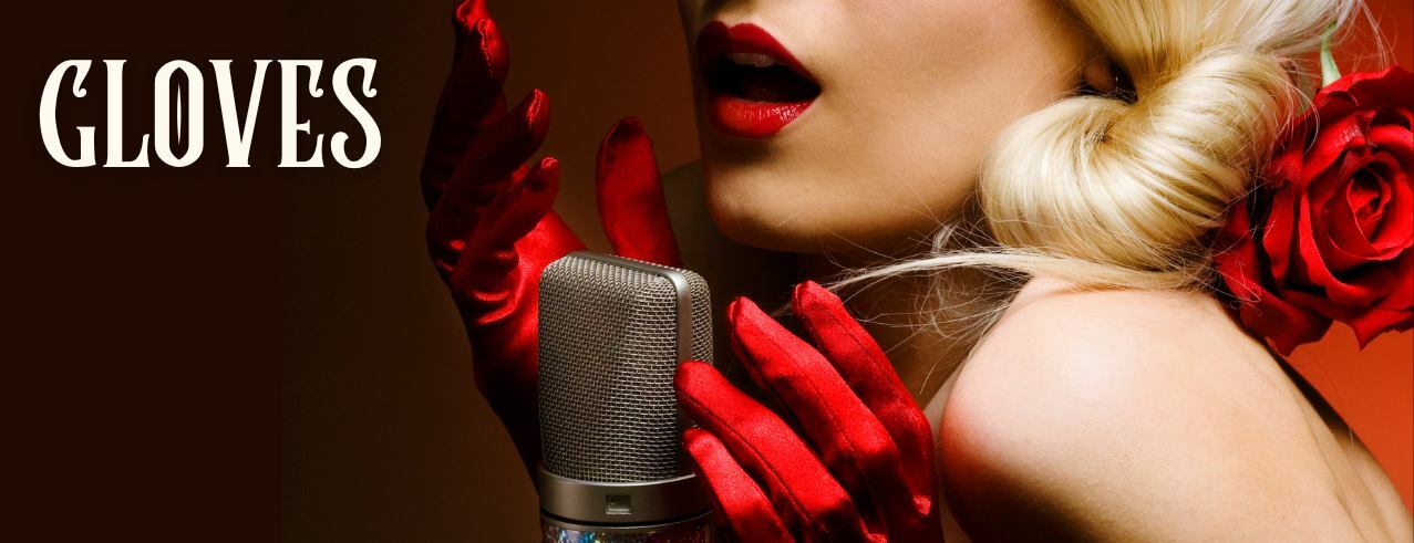 costume cosplay Gloves product category banner with Vintage pin-up girl wearing red satin gloves and a vintage mic