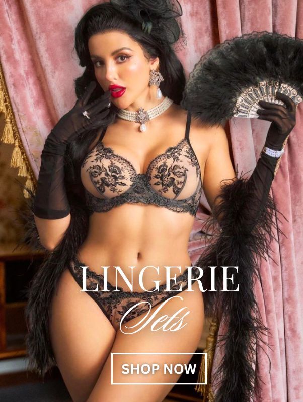 pink lingerie set worn by a pin-up model banner