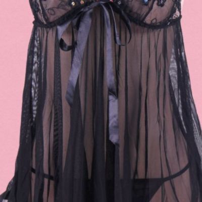 close up of the waist of the black babydoll night dress lingerie