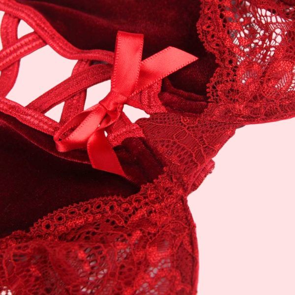 Callie Red velvet bralette top close up of fabric and lace