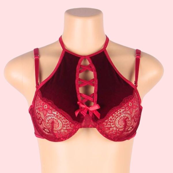 Callie Red Velvet and lace halter bralette on a mannequin