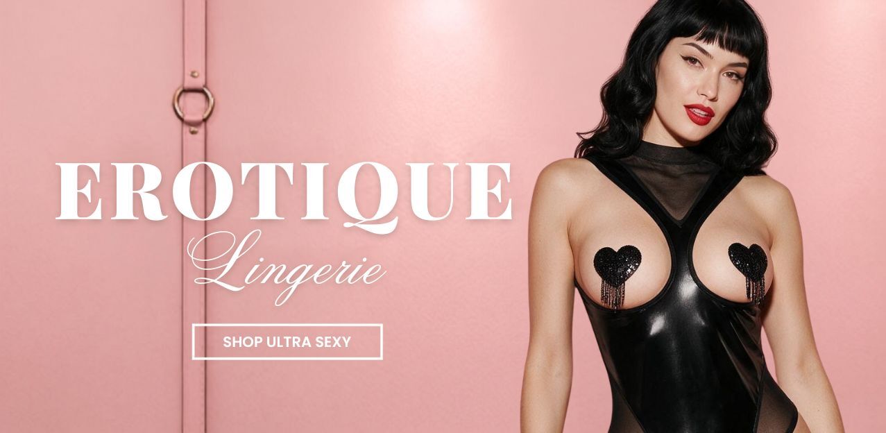 woman in faux leather harness for erotic lingerie category banner