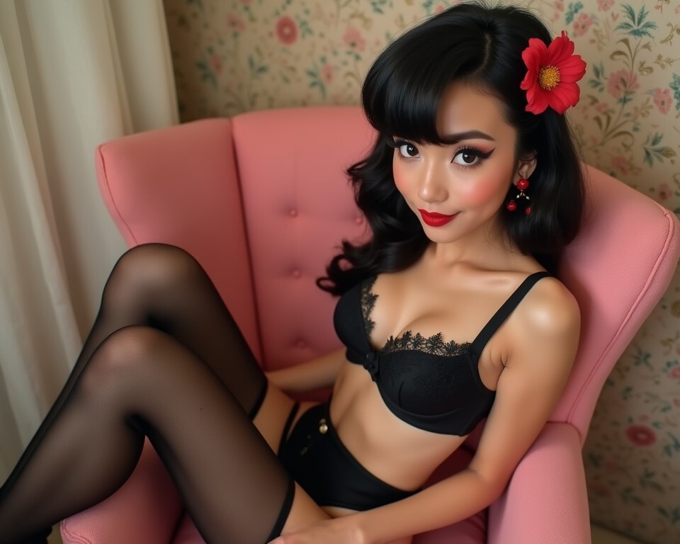 Asian Pinup girl wearing a black lingerie and stockings sitting on a pink chair