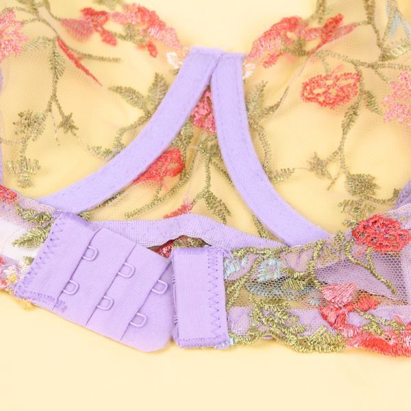 Indra Floral sheer see through bralette's hook and eye back bra closure close-up actual product shot