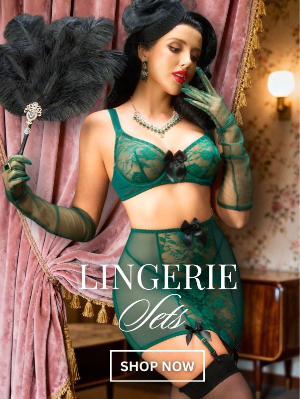 pink lingerie set worn by a pin-up model banner