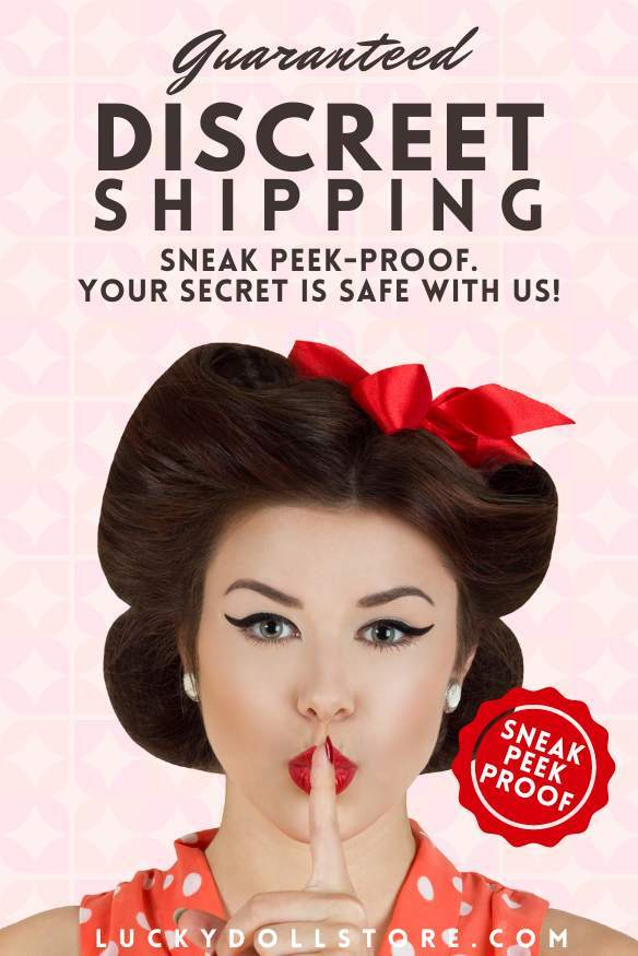 Lucky Doll Lingerie pin-up girl doing a shh hand gesture for the Guaranteed Discreet Shipping Sneak peek proof banner