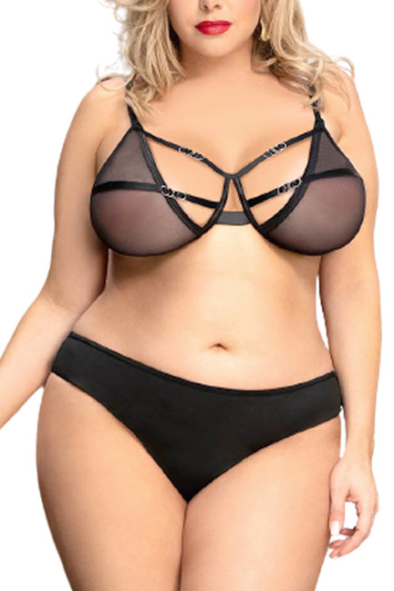 Eden Black Mesh Strappy Bra Panty Plus size Lingerie Set